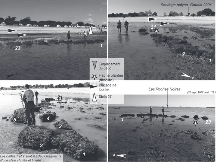 Fig. 5 – Différents points de vue sur l’ouvrage de stèles lors d’un fort coefﬁcient de marée (clichés S