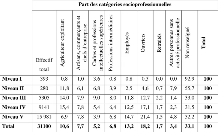 Tableau  9 :  Répartition  des  apprentis  du  secteur  agricole  en  fonction  du  niveau  de  formation  et  de  la  catégorie  socioprofessionnelle  d’origine  en  2006-2007  (France  métropolitaine + DOM) 