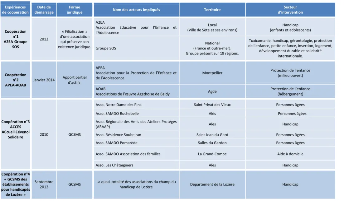 Tableau 6 : Présentation synthétique des expériences de coopération étudiées  Expériences  