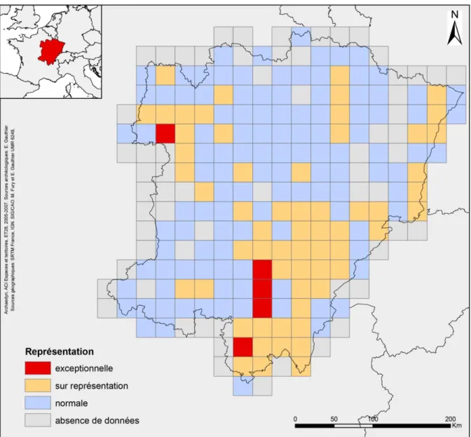 Fig.  5.  Exemple  de  carte  de  représentation  des  sites  de  l’âge  du  Bronze  en  France  orientale  (Données  E