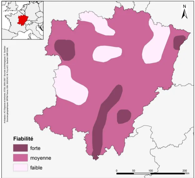 Fig. 6. Exemple  de  carte  de  fiabilité  des sites de  l’âge  du Bronze  en France orientale  (Données E
