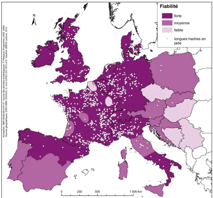 Fig.  12. Carte de fiabilité de la répartition des haches en  jades alpins dans l’Europe néolithique (ESRI WBM,  Données P