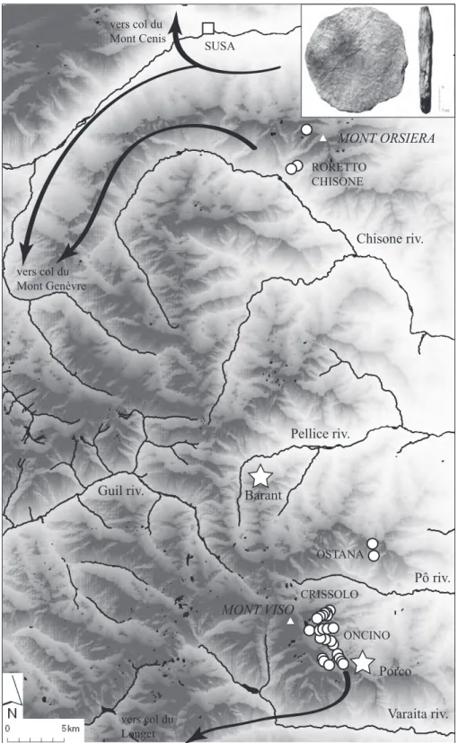 Fig. 9. Aires de production  d’ébauches-disques identifiées  en 2011 en Piémont (Italie), dans  les Alpes cottiennes, en particulier  au pied sud-oriental du Mont viso