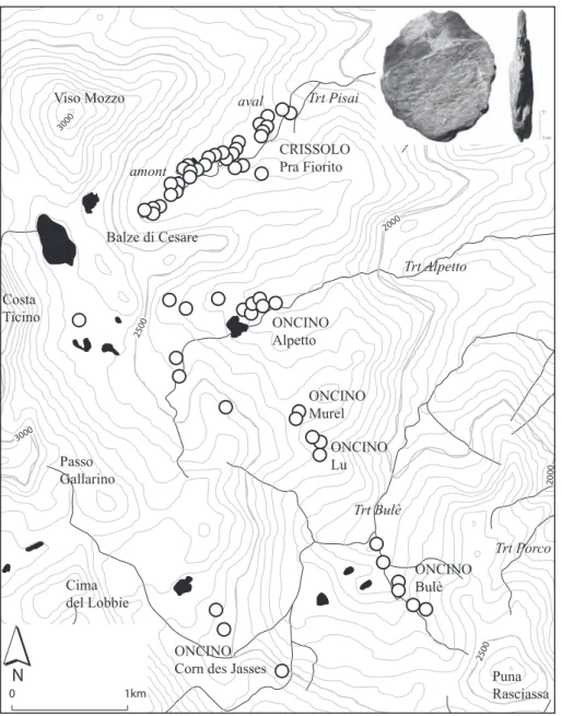 Fig. 11. Situation des aires de production d’ébauches-disques sur le versant sud-oriental  du Mont viso entre 2 000 et 2 500 m d’altitude