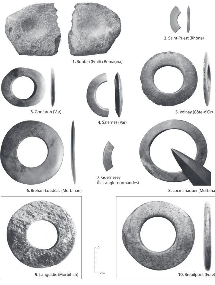 Fig. 2. Exemples d’anneaux-disques en jades alpins. Ces exemplaires sont en jadéitite ou en jadéitite omphacitique, sauf Languidic,  néphrite, et Breuilpont, serpentinite