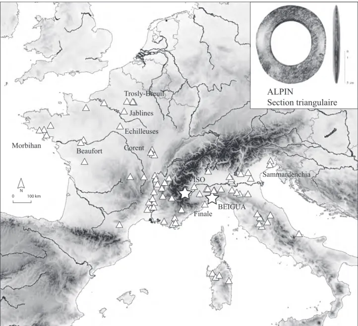 Fig. 4. Répartition des anneaux-disques à section triangulaire en roches alpines (jades et serpentinite) (voir inventaire  dans Pétrequin et alii, 2012e)