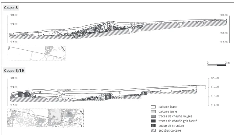 Fig. 23 : Profils est­ouest du site à  la hauteur du murger (M.37) et du  bâtiment artisanal (DAO S