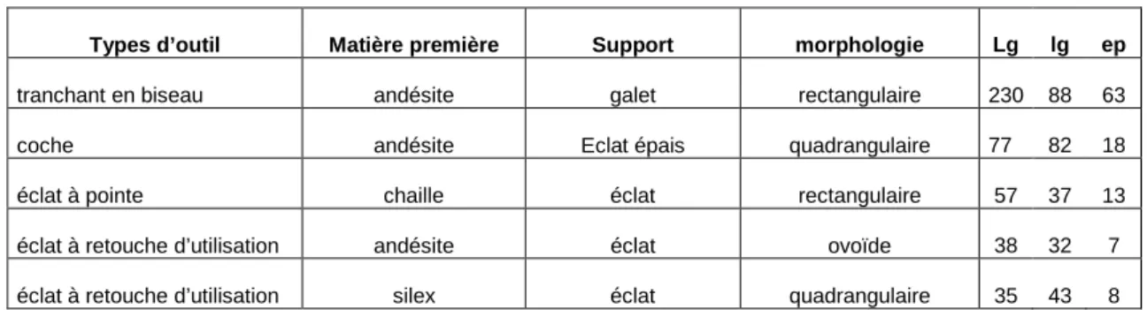 Tableau 10: Les outils de Liang Pemalawan provenant des prospections de surface  