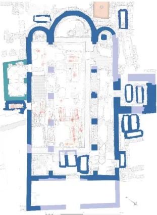 Fig. 2 – Plan de l’église du XI e  siècle et relevé des sépultures de la nef centrale et du bas-côté nord.