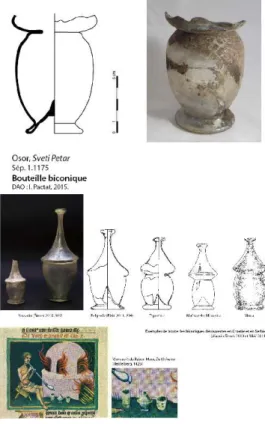 Fig. 3 – Dessin et cliché de la bouteille biconique de Saint-Pierre d’Osor et découvertes comparatives en Croatie et Serbie.