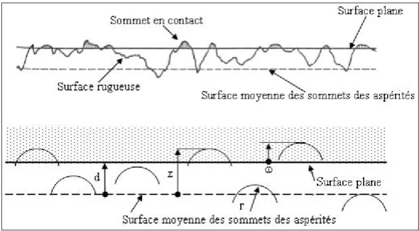 Figure 2.6 – Notations ; contact entre une surface rugueuse et un plan 