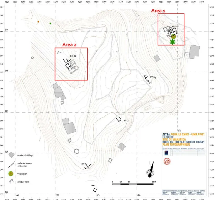 Fig. 3 – Plan topographique du site de Wakarida   et localisation des secteurs de fouilles   (topo X