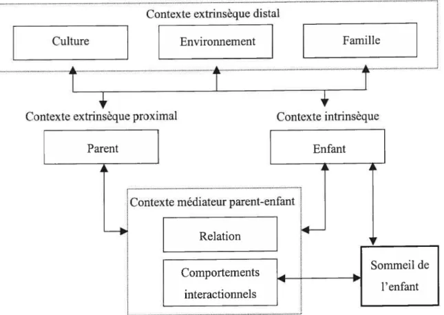 Figure 3. Le modèle de Sadeh et Anders en 1993 intègre les variables proxirnales et distales associées au sommeil de l’enfant selon une perspective incluant plusieurs systèmes de l’environnement.