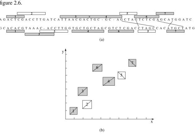 Figure 2.6 : Une chaîne avec réarrangements, de poids maximum. (a) Les 8 fragments de deux génomes comparés
