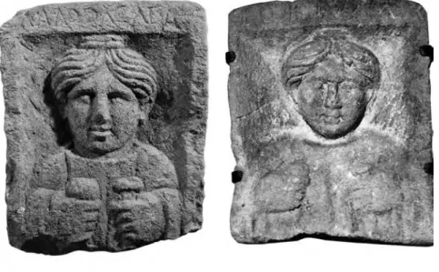 Fig. 14. Exemple  de rapprochement  stylistique entre  une stèle provenant  d’Autun (stèle n° 35,  nécropole de  Pont-l’Évêque, cl