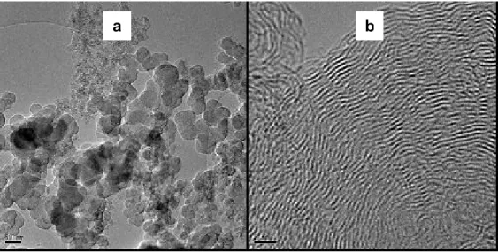 Figure 4 : photographies (a) MET et (b) MET HR représentant la structure d’un noir de carbone Vulcan  XC72 de chez Cabot Corp