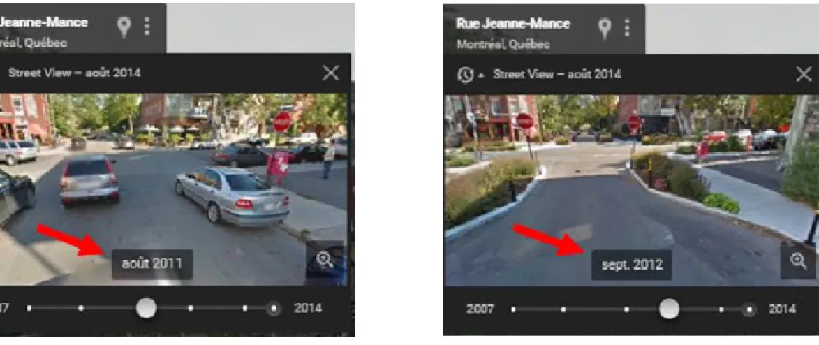 Figure  2  –  Illustration  de  la  méthode  de  validation  de  mesure  d’apaisement  de  la  circulation avec Google Street View (photo avant-après)  