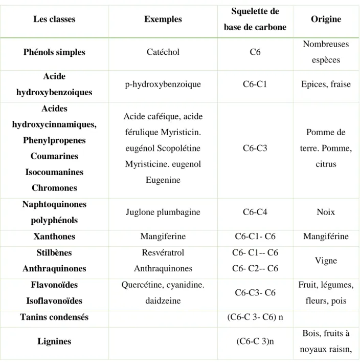 Tableau 3 : Les principales classes de composés phénoliques dans les plantes (Madi,2018)