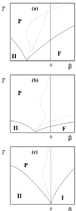 Fig. 5 : Comportement des lignes de désordre (pointillées) dans les cas (a) α=-0.25, (b) α=-0.8,  (c) α=-1.5