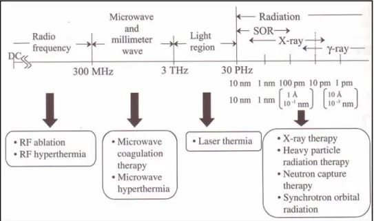 Figure 4 :  Exemple  de  différents  types  de  thérapies  utilisées  dans  le  domaine  médical  avec  leurs  fréquences et/ou longueurs d'ondes respectives [7] 