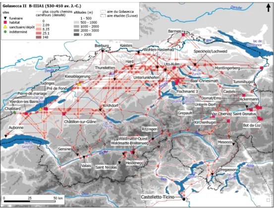 Fig. 7. – Plus courts chemins et carrefours intersites théoriques pour la période Golasecca IIB- IIB-IIIA1, entre 530 et 450 av