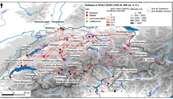 Fig. 9. – Plus courts chemins et carrefours intersites théoriques pour la période Golasecca IIIA2- IIIA2-IIIA3, entre 450 et 380 av