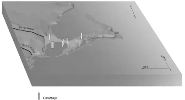 Fig. 9 – Étape 4 : 4000 à 3000 av. J.-C. (soit 6000 à 5000 cal. BP : Chalcolithique récent  et début du Bronze ancien). Morphogénèse d’un tombolo infralittoral (réalisation : D. Laisney, J.-P. Goiran, B. Geyer)