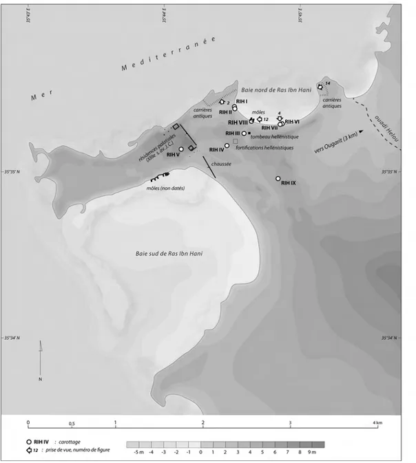 Fig. 3 – La région de Ras Ibn Hani et l’emplacement des sondages   (réalisation : D. Laisney, J.-P. Goiran, B. Geyer).