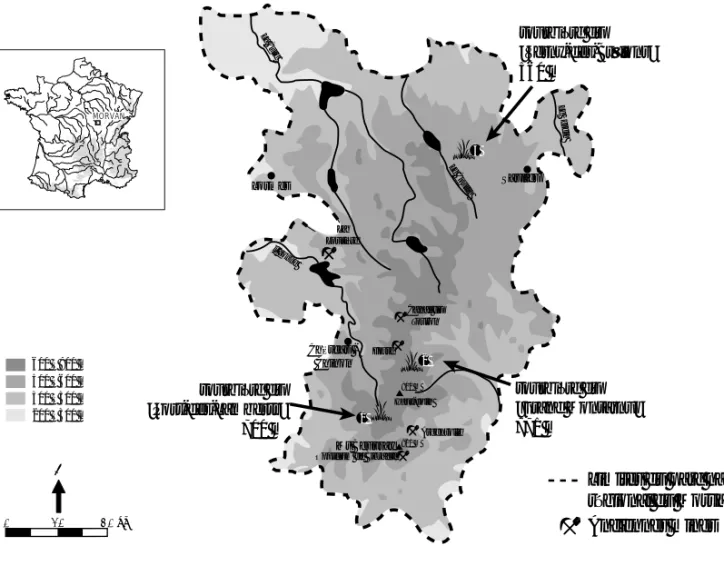 Figure 1. Carte de localisation des sites analysés dans le cadre du Parc régional naturel du Morvan