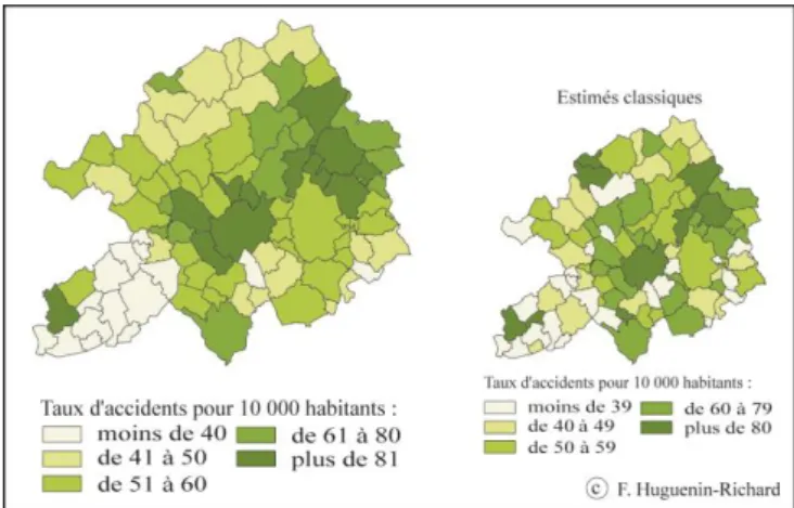 Figure 7. Estimations empiriques bayésiennes du risque relatif d'accidents par lissage local  en fonction du nombre d’habitants par commune 