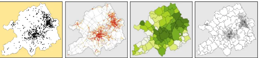 Figure 13. Détection de concentrations spatiales anormales d’accidents de piétons adultes  dans la ville de Lille (accidents recensés entre 1993 et 1997) 