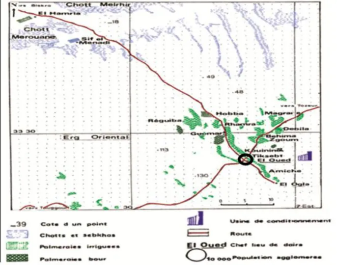 Figure 01: Carte géographique du Souf (DUBOST, 2002 modifié par ALLAL, 2008) 
