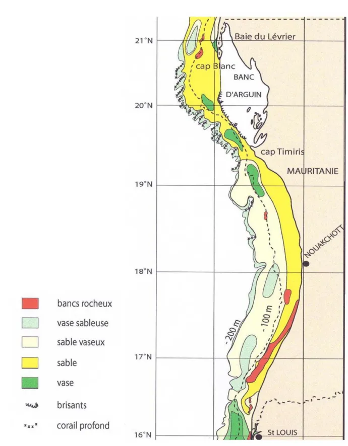 Figure 7 : Cartographie simplifiée des fonds du plateau continental mauritanien 