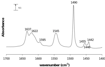 Fig. 4.7 Difference IR spectrum (a-b, Fig. 4.6) of the NaMCM-22 sample after pyridine adsorption and  evacuation at 150ºC in the 1400-1700 cm -1  region