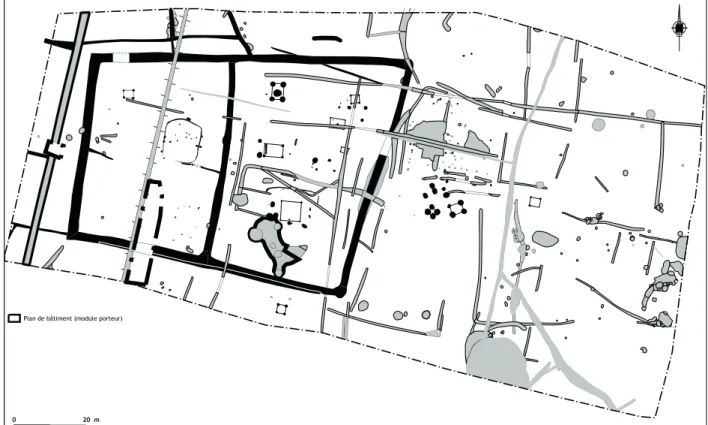 Fig. 1 : Allonnes (72) « ZAC du Monné – tranche 2 » : Plan des vestiges ; en noir, les structures datées de La Tène finale