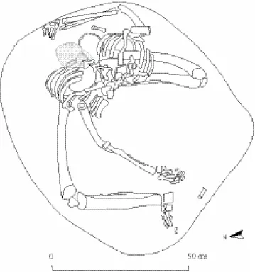 Figure 4: Plan of Burial 2 (ill-preserved backbone is shaded).