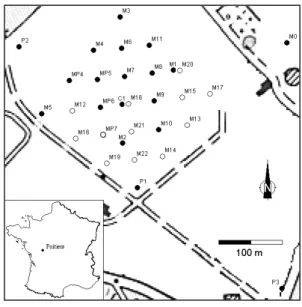 Figure 1 : Localisation des forages du Site Expérimental Hydrogéologique. En noir : puits testés en 2004, en blanc : puits testés en 2005.