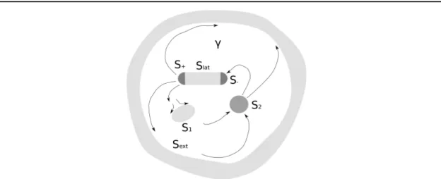 Figure 2.1  Illustration du problème de l'électrolocation : un capteur composé de deux électrodes (noir) créé des lignes de courants par l'établissement d'un champ électrique dans un uide conducteur de conductivité γ et mesure les perturbations induites pa
