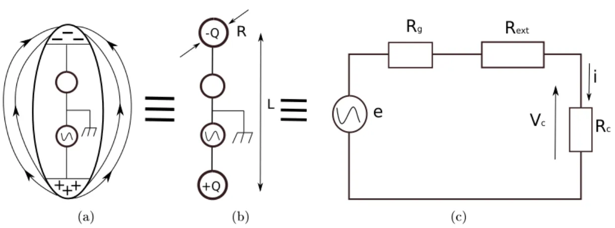 Figure 3.3  a) Principe du fonctionnemet du capteur (ici composé de deux électrodes) ; les èches représentent les lignes de courant circulant dans le milieu conducteur au contact du capteur
