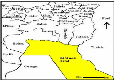Figure 1 : situation géographique de la wilaya d’Oued Souf (Kholladi, 2005)  La wilaya d'El Oued est délimitée : 