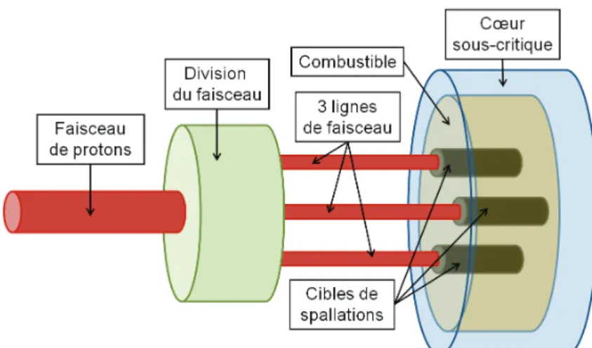 Figure 2.7: Schéma de principe d’un ADS MUST à 3 cibles de spallation.