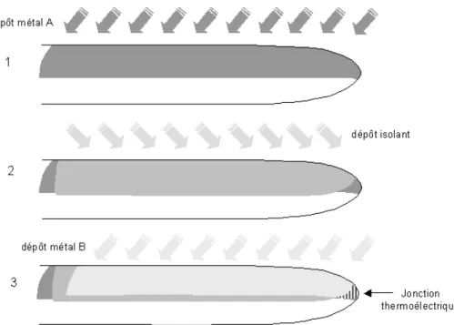 Figure 28 : Dépôts en trois étapes sur une pointe obtenue après l’étirage d’un microfil de quartz