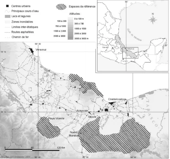 Fig. 2 Situation des espaces de référence dans l’Isthme du Veracruz Location of reference areas in the Isthmus of Veracruz