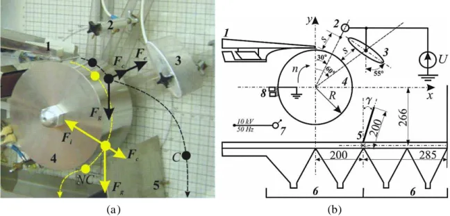 Figure I-19 : Séparateur électrostatique à tambour. (a) Forces agissant sur les particules conductrices (C) et  non-conductrices (NC) ; (b) Représentation schématique du système d’électrodes utilisés pour la séparation de 