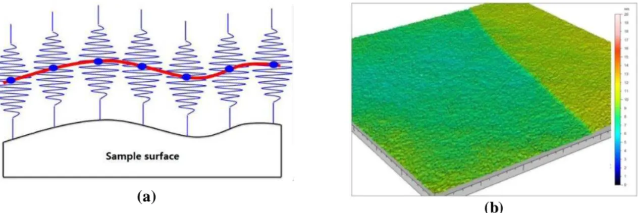 Figure  2.11:  Schema  of  interference  wave  to  realize  the  surface  data   (a).  3D  map  of  the  masked  surface after Xe-implantation (b).