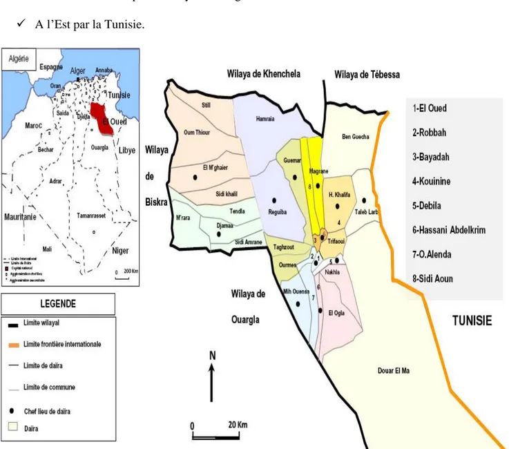 Figure I.1: Situation géographique de la région d'El-Oued «P.D.A.U., 2005 ». 