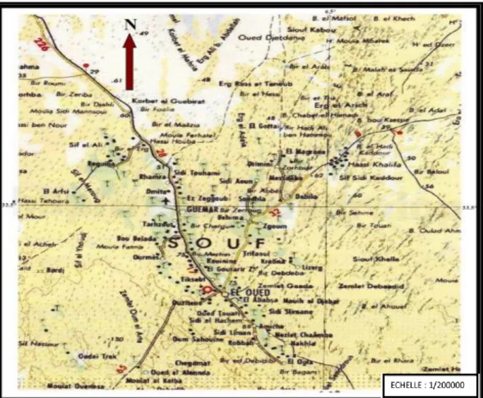Figure I.2: Extrait de la carte topographique de la région d’El-Oued  Souf (A. Brahim ; 2014)