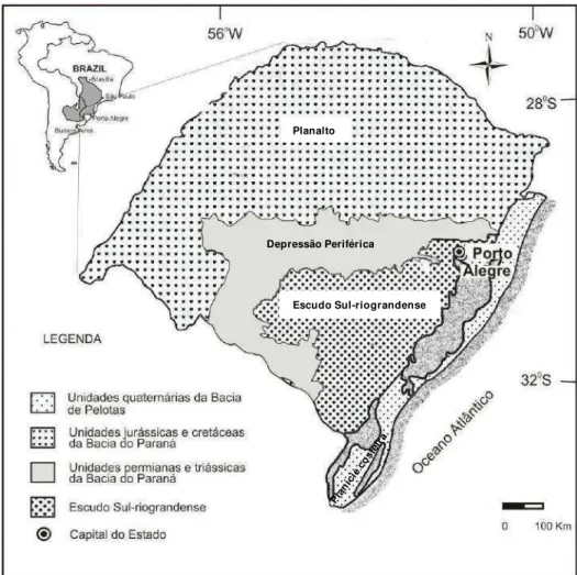 Figure 3. Location map of Paraná Basin in South America and simplified geology  of  Rio  Grande  do  Sul(Adapted  from  Souza  and  Marques-Toigo,  2005)
