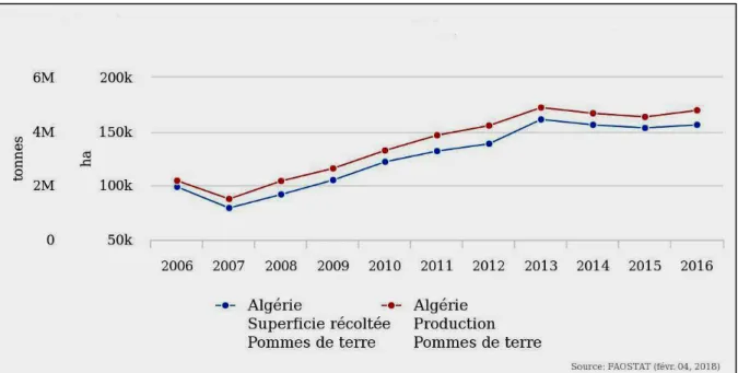 Figure N° 4 : Evolution de la production et la superficie récoltée de la pomme de terre en  Algérie (2006-2016) (FAOSTAT, 2016) 