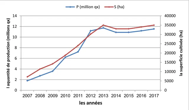 Figure N° 7: Evolution de la production et la superficie récoltée de la pomme de terre en El  Oued (2007-2017)(Annuaire statistique , 2018) 